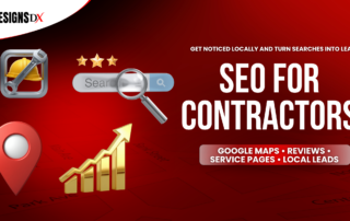 SEO for contractors graphic showing Google Maps, reviews, service pages, and local lead generation strategies for contractors looking to improve local search visibility.