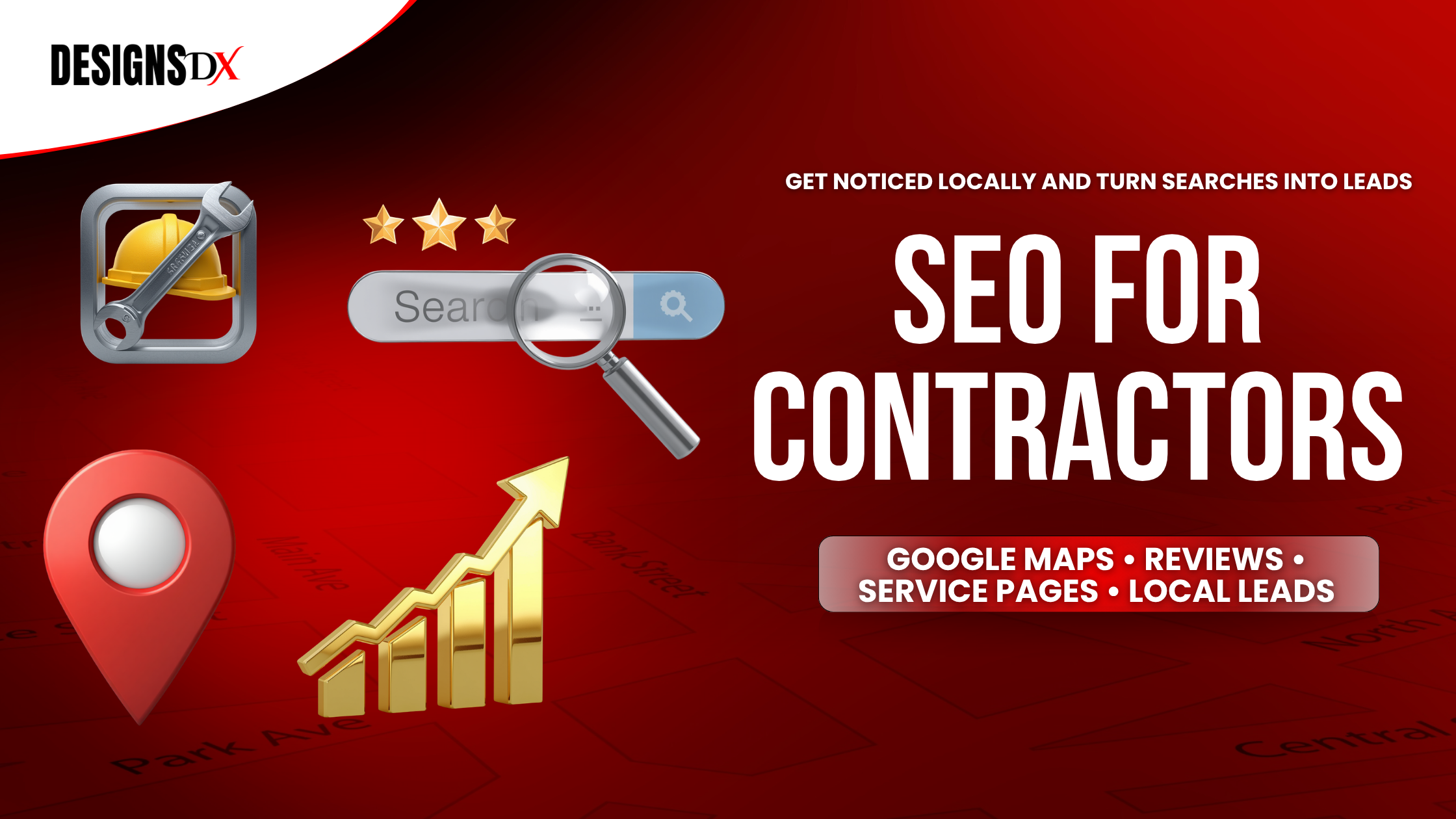 SEO for contractors graphic showing Google Maps, reviews, service pages, and local lead generation strategies for contractors looking to improve local search visibility.
