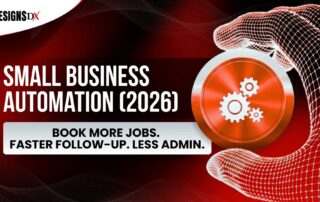 Small Business Automation 2026 graphic with gears icon and text book more jobs faster follow up less admin