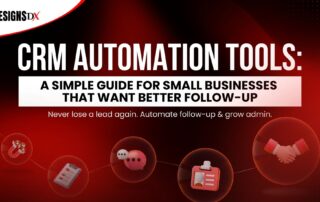 CRM automation tools graphic with text guide for small businesses that want better follow up and icons for leads, messaging, and client management