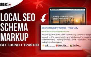 Designs Dx featured image about local SEO schema markup with “Get Found + Trusted,” showing a website mockup and a local search listing preview.