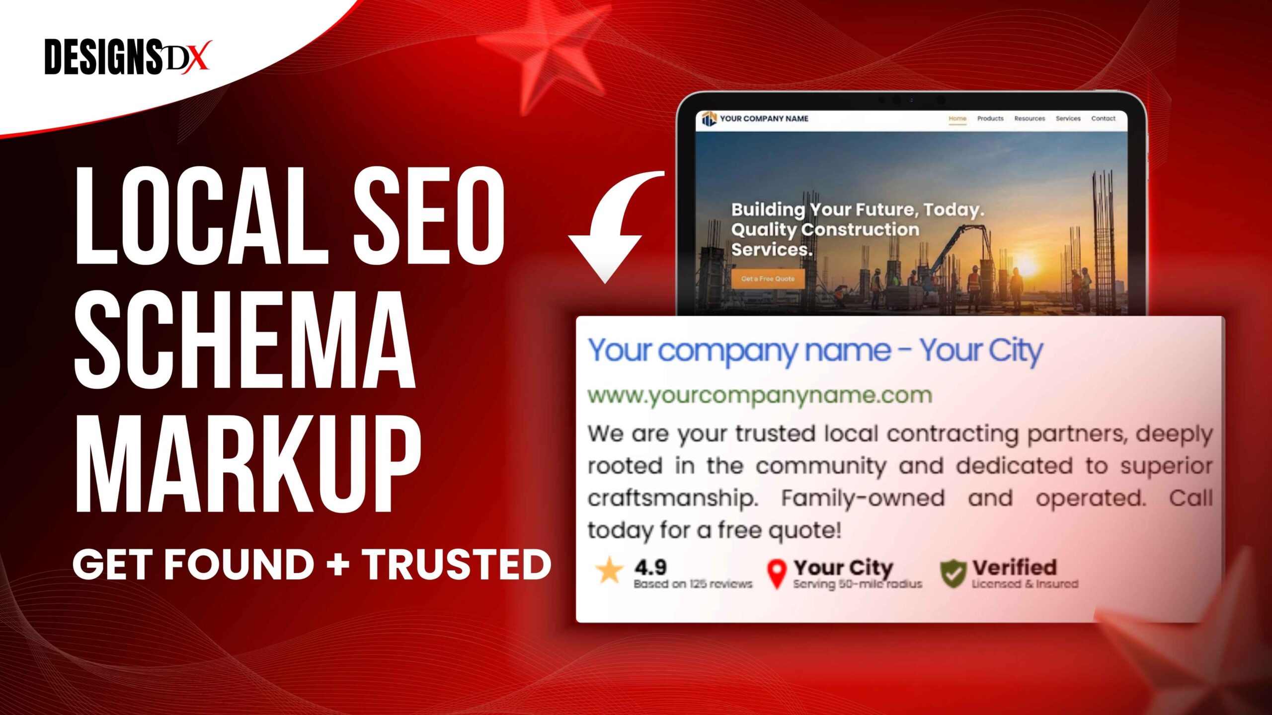 Designs Dx featured image about local SEO schema markup with “Get Found + Trusted,” showing a website mockup and a local search listing preview.