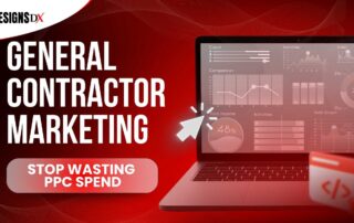 General contractor marketing graphic with laptop analytics dashboard and text “Stop wasting PPC spend”