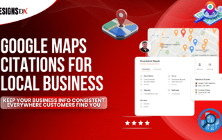 Google Maps citations for local business graphic showing map pins, a business listing, customer reviews, and consistent local SEO information.