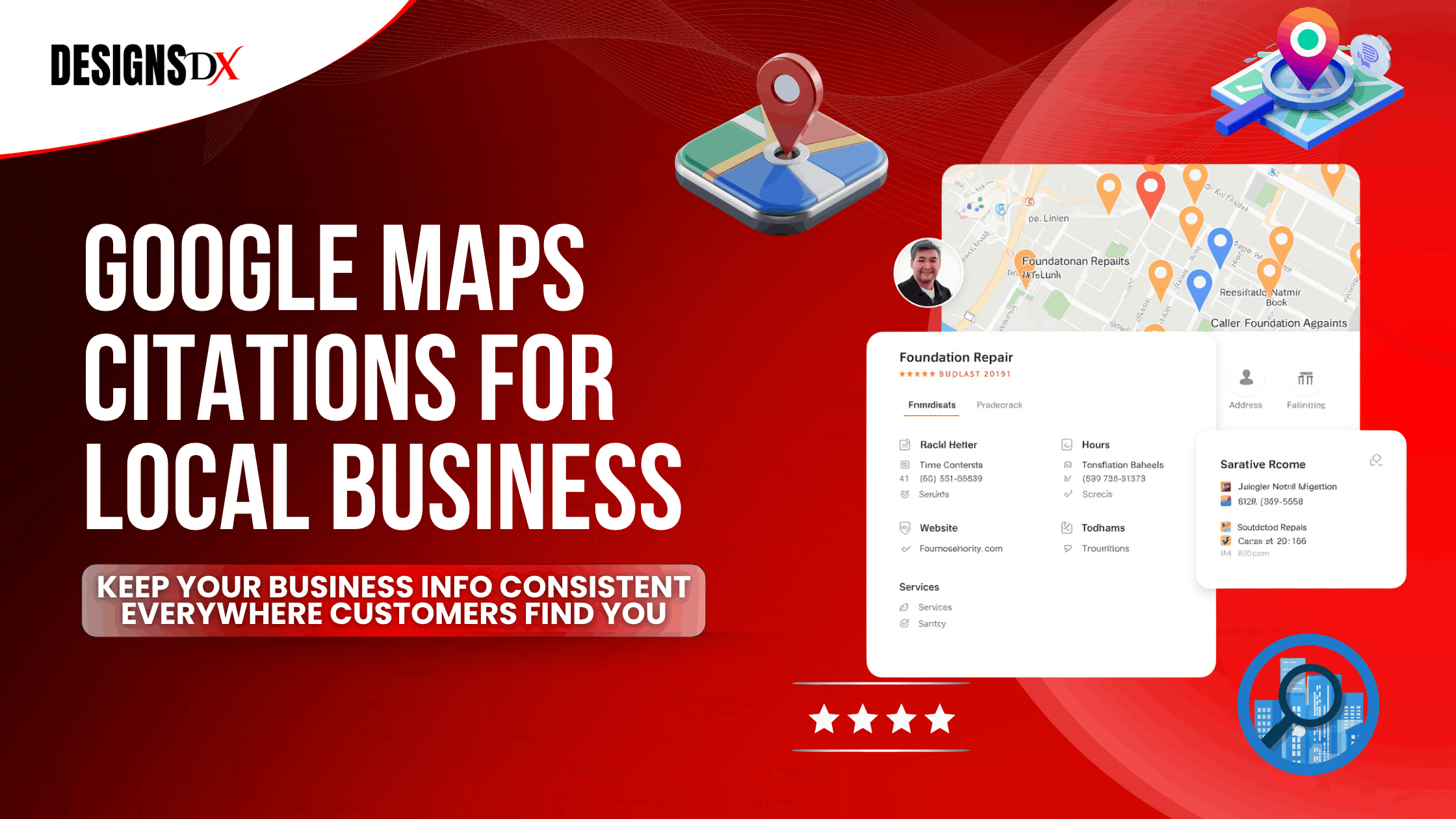 Google Maps citations for local business graphic showing map pins, a business listing, customer reviews, and consistent local SEO information.