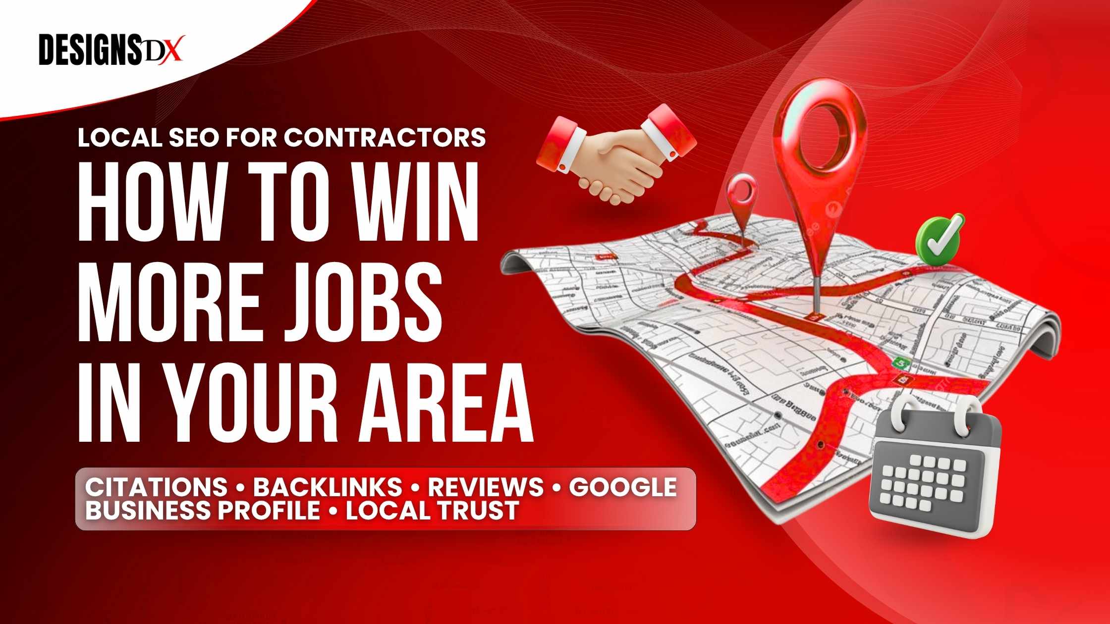 Featured image with the headline “Local SEO for Contractors: How to Win More Jobs in Your Area” beside a map, location pins, handshake icon, and calendar graphic.