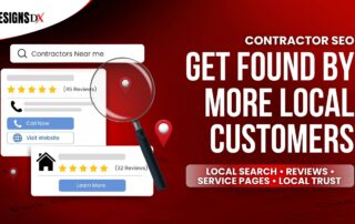 Featured image with the headline “Contractor SEO: Get Found by More Local Customers” beside local search result cards, review stars, map pins, and a magnifying glass.