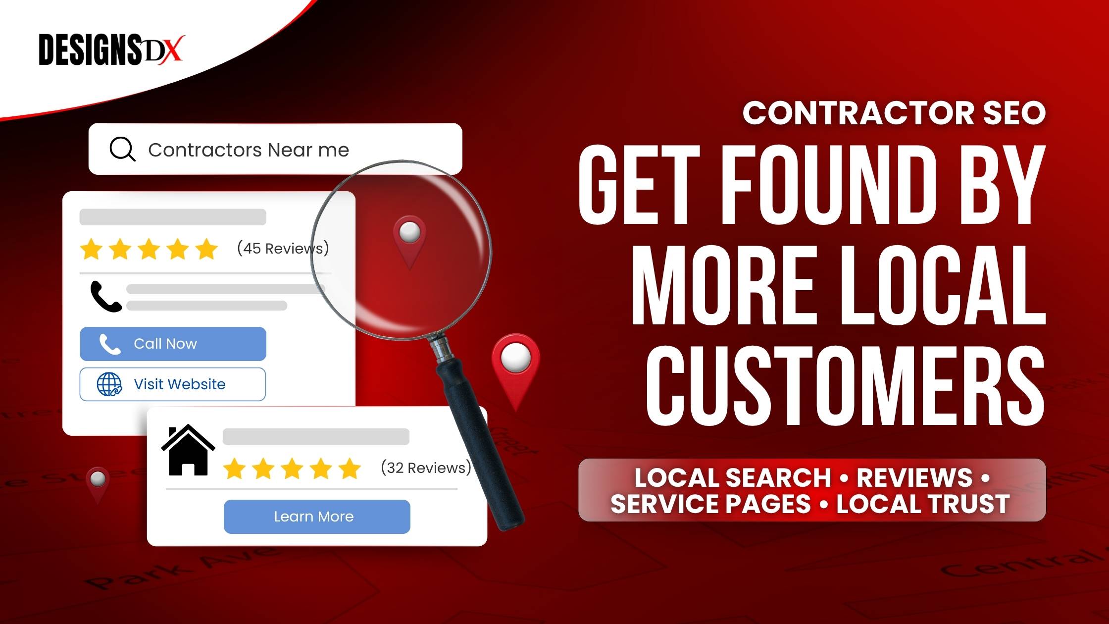 Featured image with the headline “Contractor SEO: Get Found by More Local Customers” beside local search result cards, review stars, map pins, and a magnifying glass.