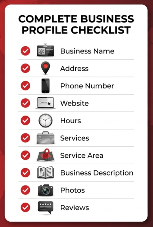 Complete business profile checklist graphic showing key local SEO details like business name, address, phone number, website, hours, services, service area, description, photos, and reviews.