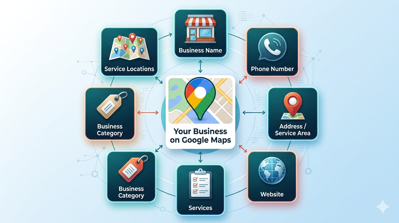 Google Maps business profile optimization graphic showing key listing details including business name, phone number, address, service area, website, services, categories, and service locations.