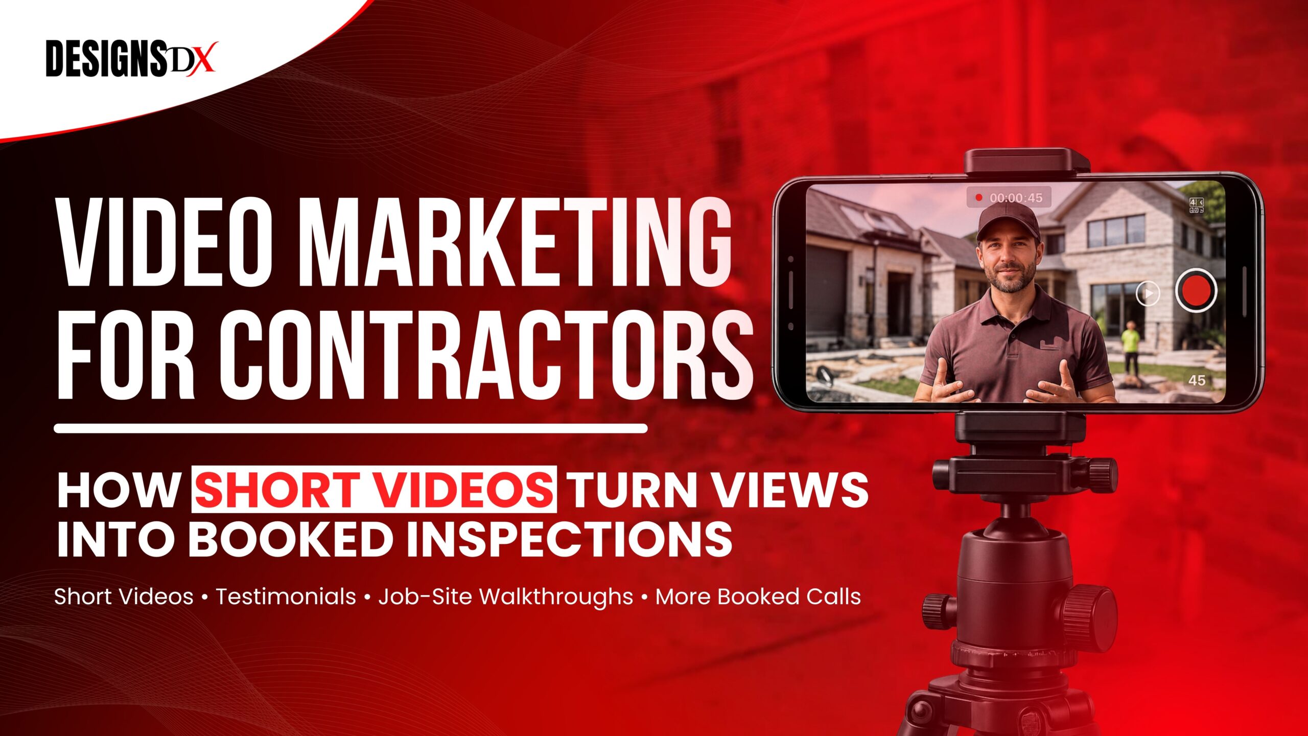 Video Marketing for Contractors: How Short Videos Turn Views Into Booked Inspections Contractor filming a short marketing video on a smartphone at a job site, promoting video marketing for contractors, testimonials, job-site walkthroughs, and strategies to turn views into booked inspections.