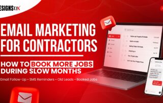 Red Designs Dx graphic showing email marketing for contractors with a laptop inbox and SMS follow-up message.