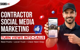 Featured blog image showing a contractor holding a phone with a social media post, with text about contractor social media marketing and turning views into calls.