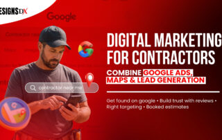 Digital marketing for contractors graphic showing a contractor using a phone, Google search elements, Google Maps icons, and messaging about Google Ads, Maps, and lead generation.